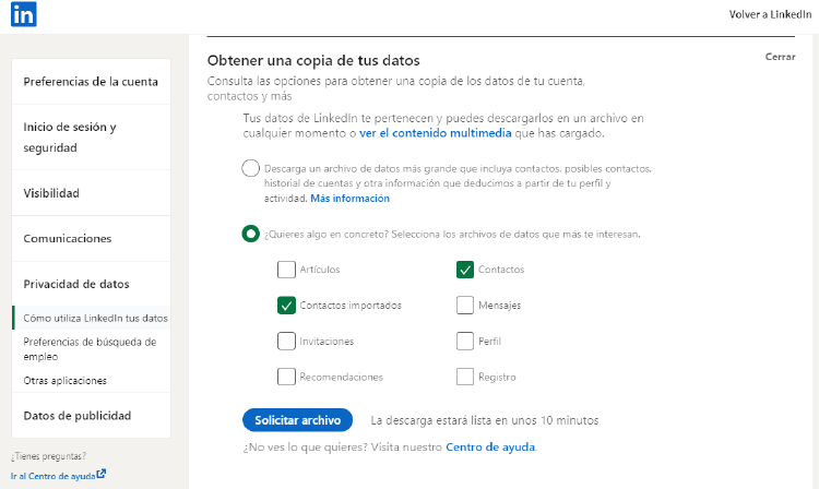 exportar contactos en LinkedIn exportar contactos en LinkedIn