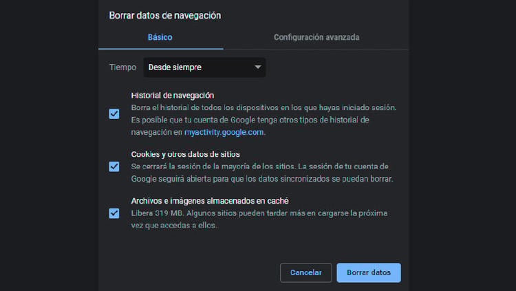 borrar datos navegación chrome