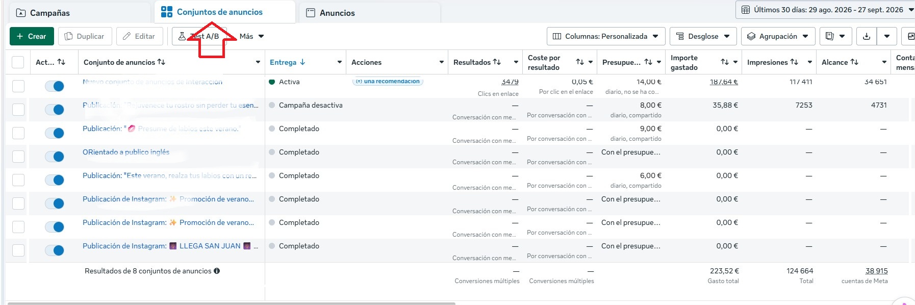 Administrador de anuncios - Administrar anuncios - Conjuntos de anuncios - Google Chrome