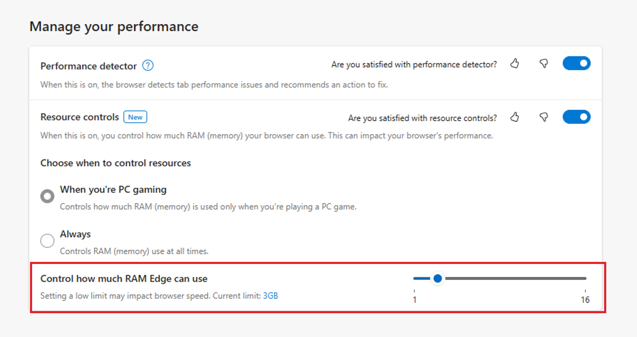 limitar ram edge