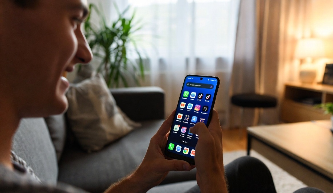 hombre manejando el movil todo feliz