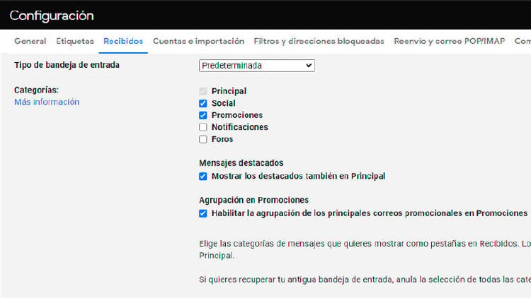 categorias gmail