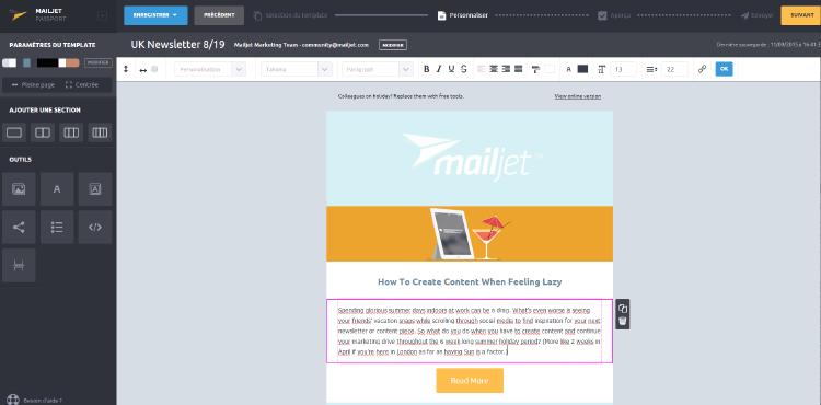 Captura de pantalla del menú de la herramienta para hacer newsletters Mailjet