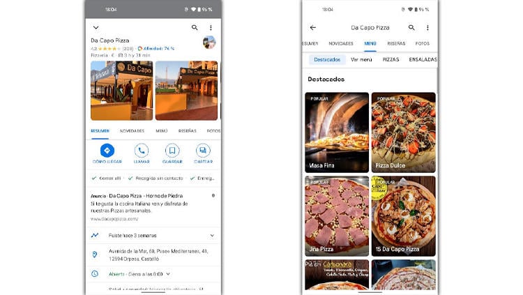 carta menu bares google maps