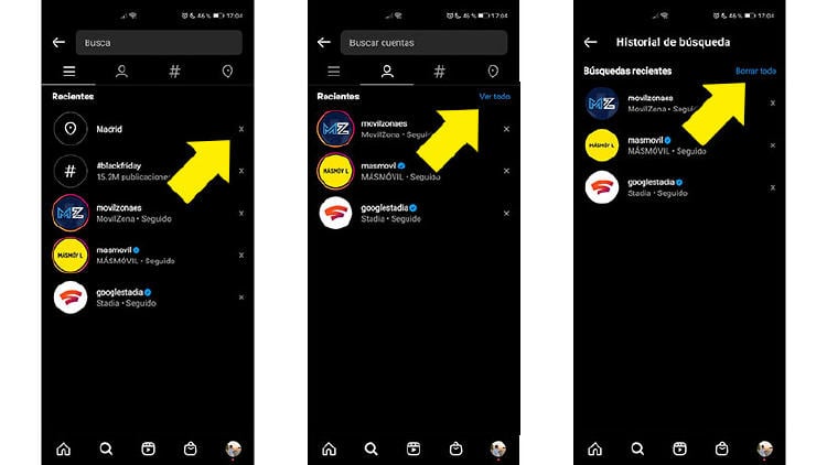 borrar historial búsqueda instagram