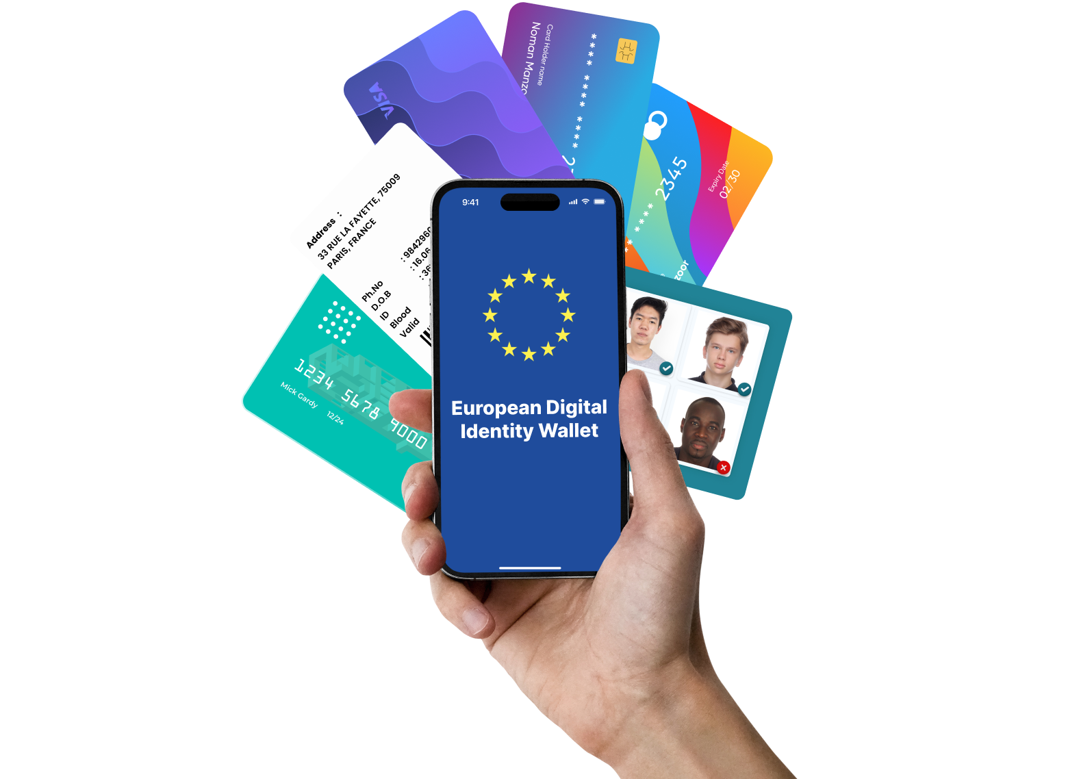 Smartphone mit European Digital Identity Wallet und digitalen Ausweisdokumenten