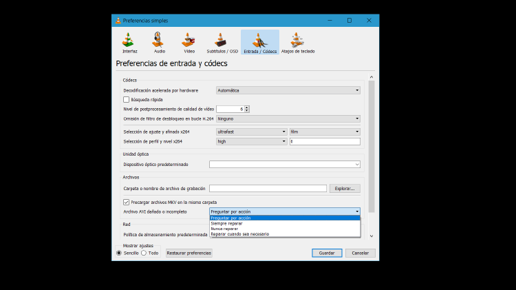 VLC reparar códecs