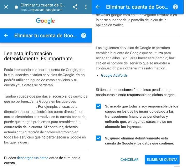 eliminar cuenta google