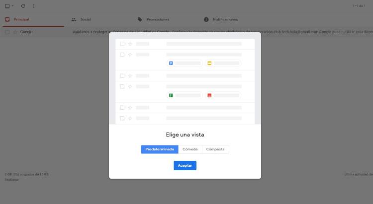 Vista predeterminada o cómoda Gmail