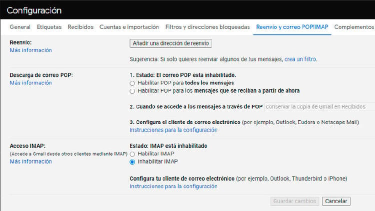 configuracion gmail reenvio