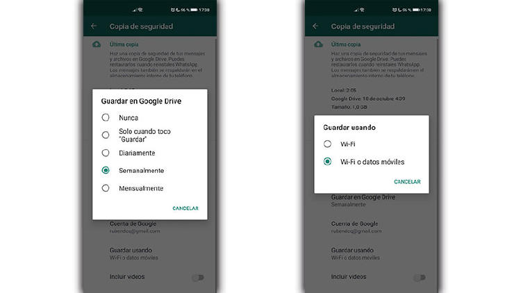 opciones copia seguridad WhatsApp opciones copia seguridad WhatsApp