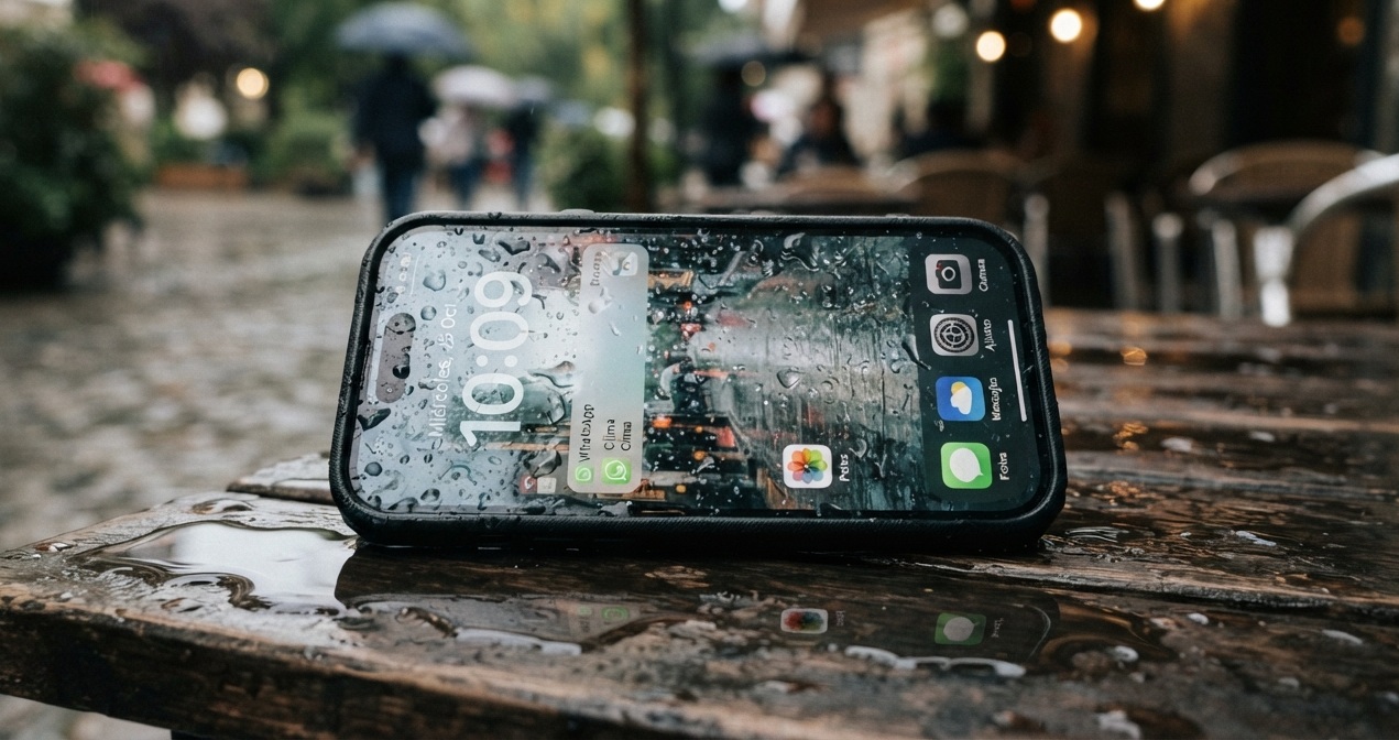 movil mojado en la calle