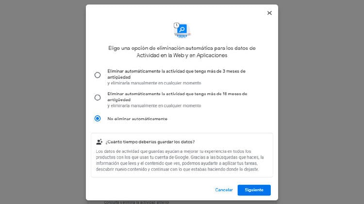 eliminar datos google automáticamente