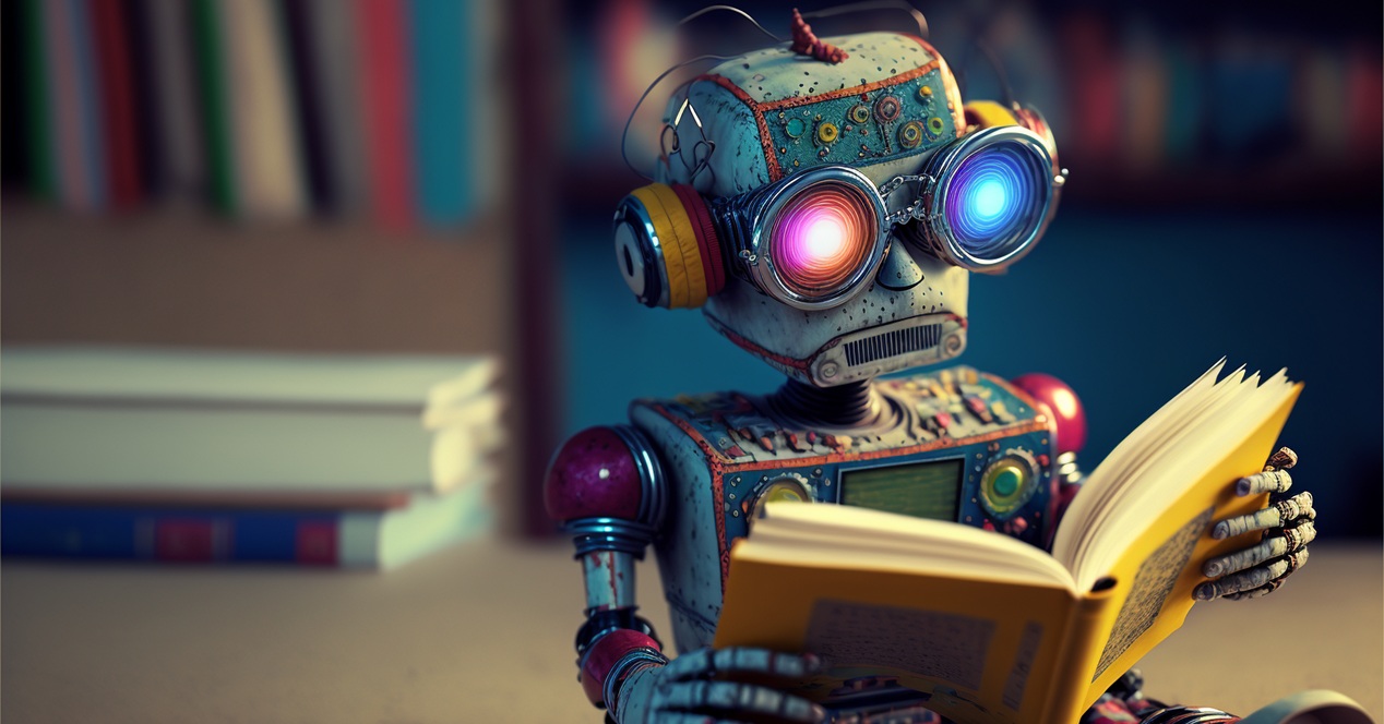 robot con IA leyendo un libro