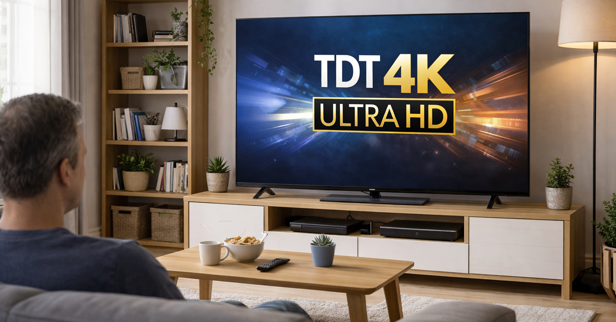 Hombre viendo TDT 4K en salón moderno